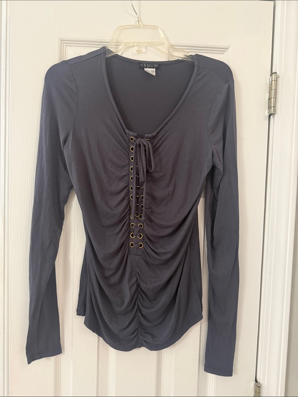 VENUS Charcoal Lace-Up Front Ruched Long Sleeve Top